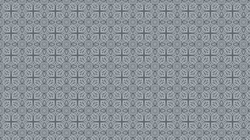 Monochromatic slate gray damask wallpaper with repeating leaf and circular medallion patterns