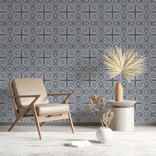 Close up of gray damask wallpaper installed in a modern minimalist study