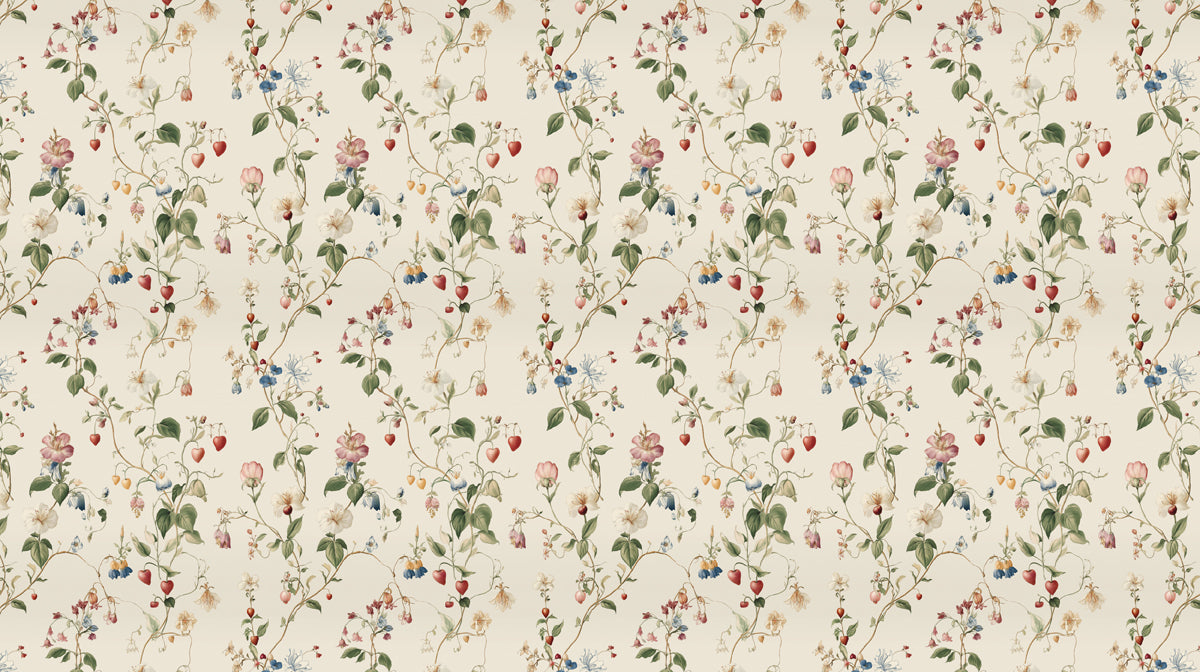 A vintage-style botanical mural with trailing wildflowers, sage green leaves, and crimson berries on a cream background