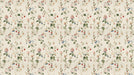 A vintage-style botanical mural with trailing wildflowers, sage green leaves, and crimson berries on a cream background