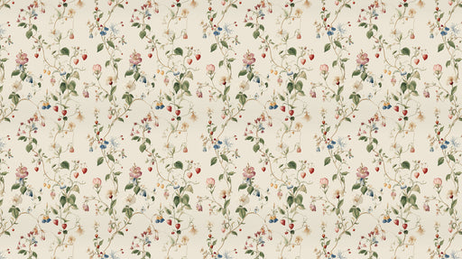 A vintage-style botanical mural with trailing wildflowers, sage green leaves, and crimson berries on a cream background