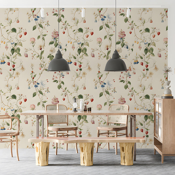 A serene meeting room featuring soft floral wall decor in a light and airy color palette