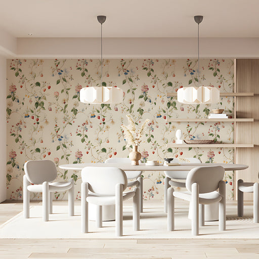 A bright, sunlit meeting room featuring a delicate botanical wallpaper on the accent wall