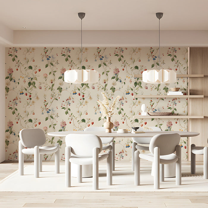 A bright, sunlit meeting room featuring a delicate botanical wallpaper on the accent wall