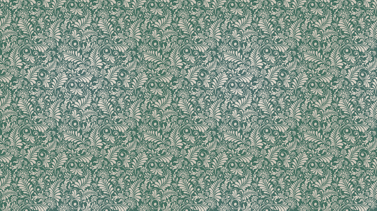 Intricate damask pattern featuring cream fern leaves and floral scrolls on a deep teal background