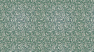 Intricate damask pattern featuring cream fern leaves and floral scrolls on a deep teal background