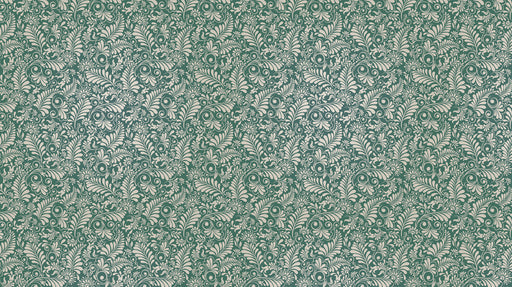 Intricate damask pattern featuring cream fern leaves and floral scrolls on a deep teal background