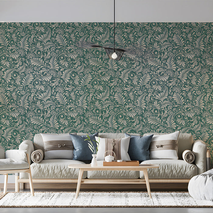 Elegant living room library nook with intricate botanical wallpaper