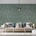 Elegant living room library nook with intricate botanical wallpaper