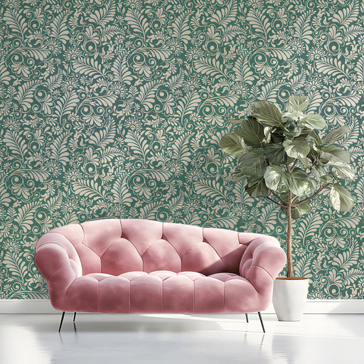 Sophisticated entryway featuring damask fern wallpaper behind a mahogany desk
