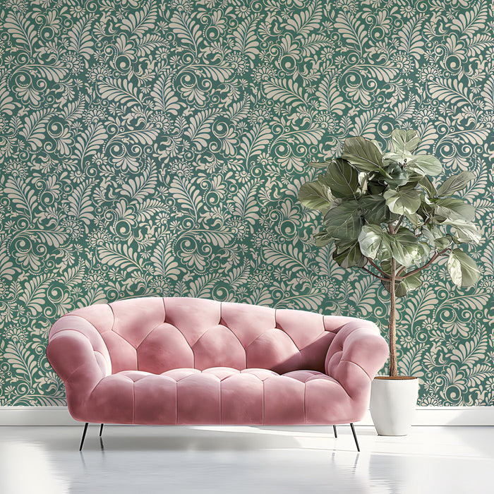 Sophisticated entryway featuring damask fern wallpaper behind a mahogany desk