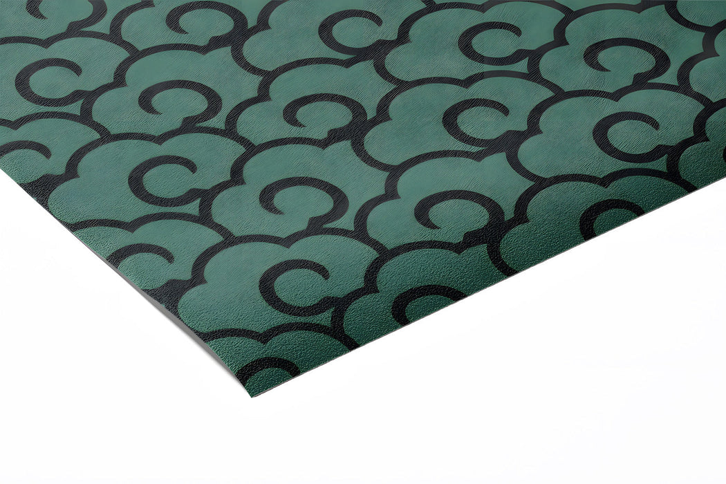 Dark teal cloud mural pattern used in a small home office nook