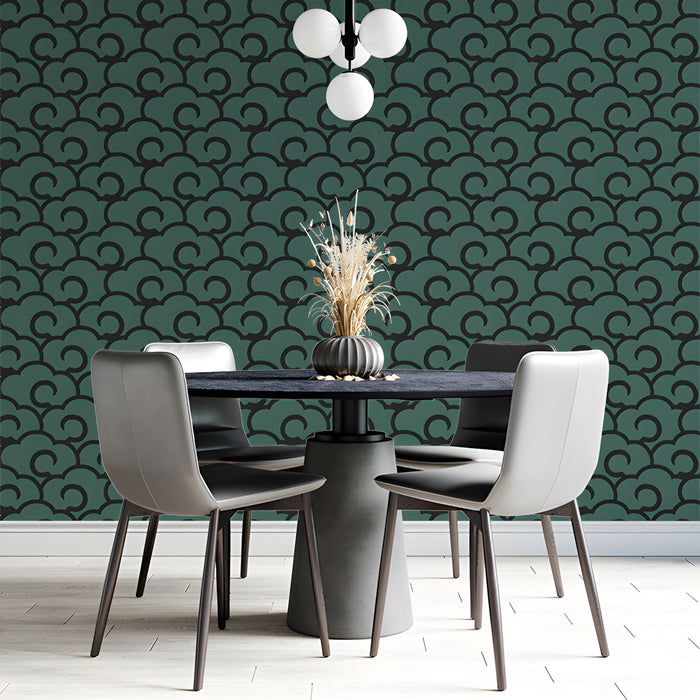 Elegant green and charcoal patterned wallpaper in a dining room
