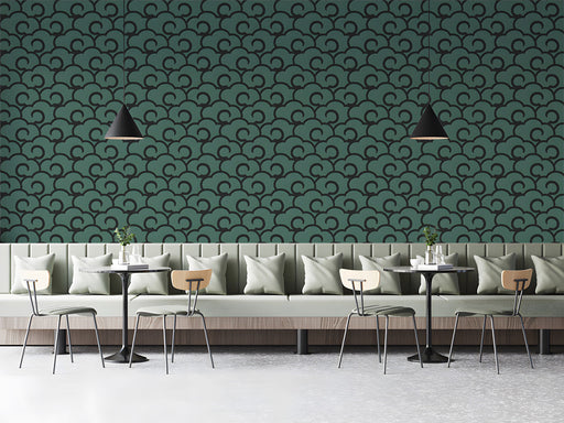 Japanese cloud wallpaper installed behind a modern minimalist bed