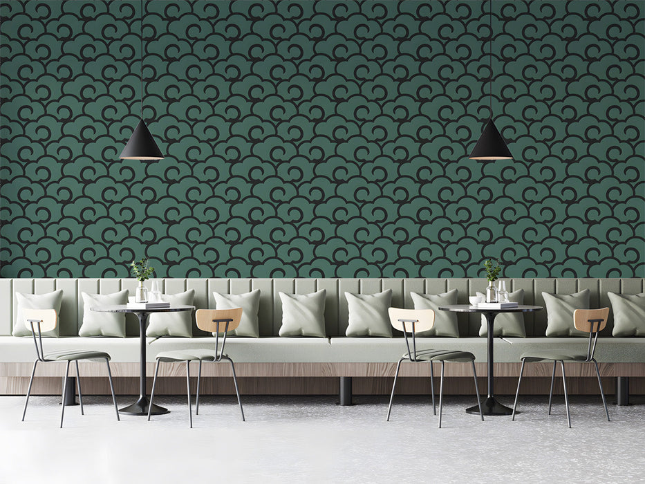 Japanese cloud wallpaper installed behind a modern minimalist bed