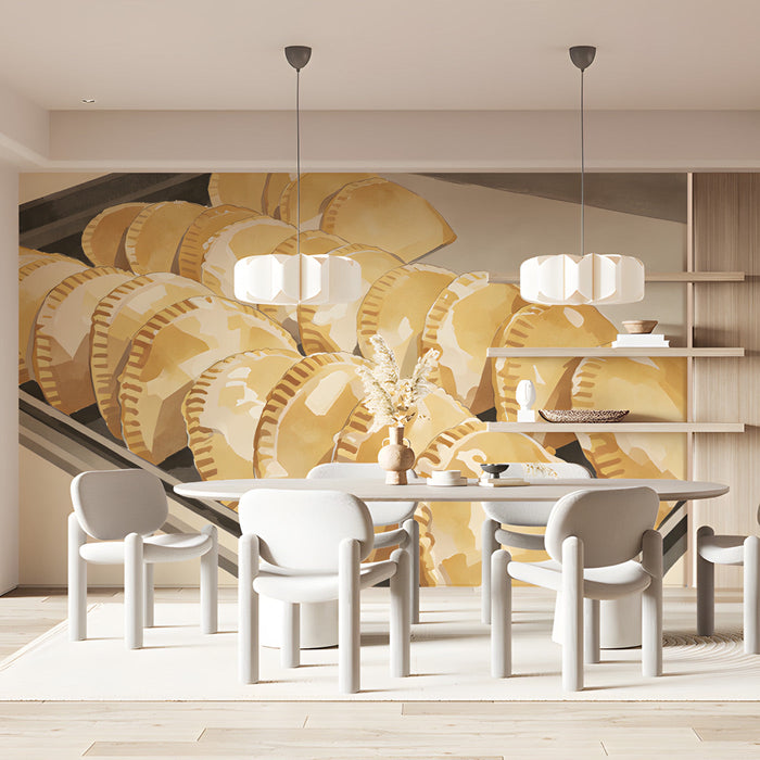 A cozy dining room area decorated with a warm-toned culinary mural on the main wall