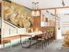 A bright restaurant breakfast nook featuring an empanada mural on the accent wall