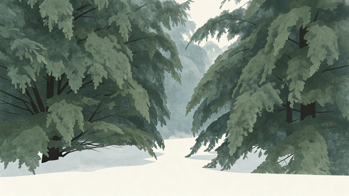 Painterly conifer forest mural with deep green foliage and a misty ivory clearing.