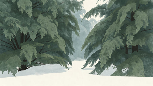 Painterly conifer forest mural with deep green foliage and a misty ivory clearing.