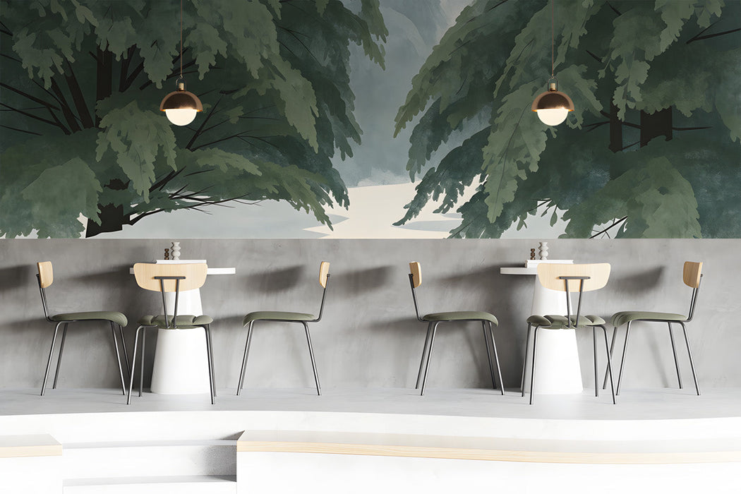 Moody bar with a forest landscape wall mural behind a wooden bed frame.