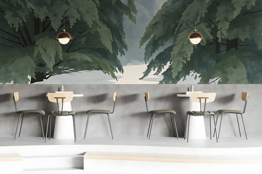Moody bar with a forest landscape wall mural behind a wooden bed frame.