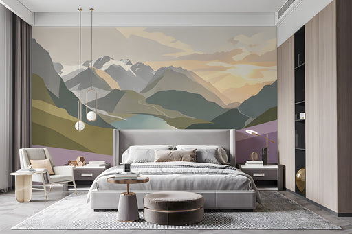 Mountain landscape mural on the wall of a cozy modern bedroom with wooden furniture