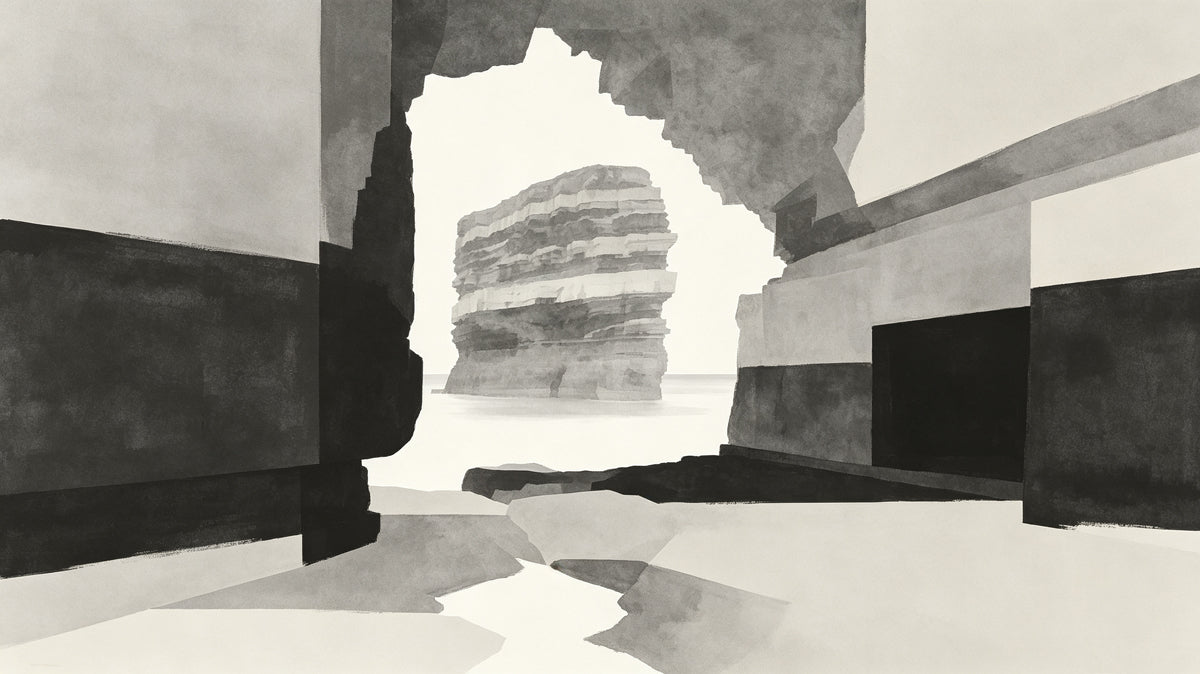 Abstract ink wash mural wallpaper depicting a dark sea stack viewed from inside a rocky coastal cave