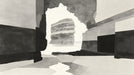 Abstract ink wash mural wallpaper depicting a dark sea stack viewed from inside a rocky coastal cave