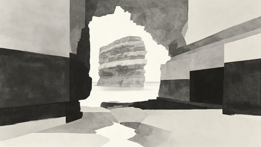 Abstract ink wash mural wallpaper depicting a dark sea stack viewed from inside a rocky coastal cave
