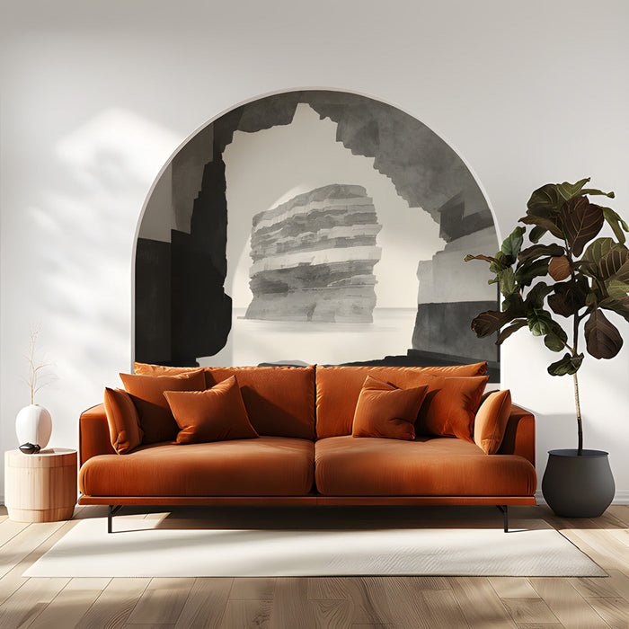 Sophisticated entryway wall decorated with an artistic ink wash style seascape mural in soft gray