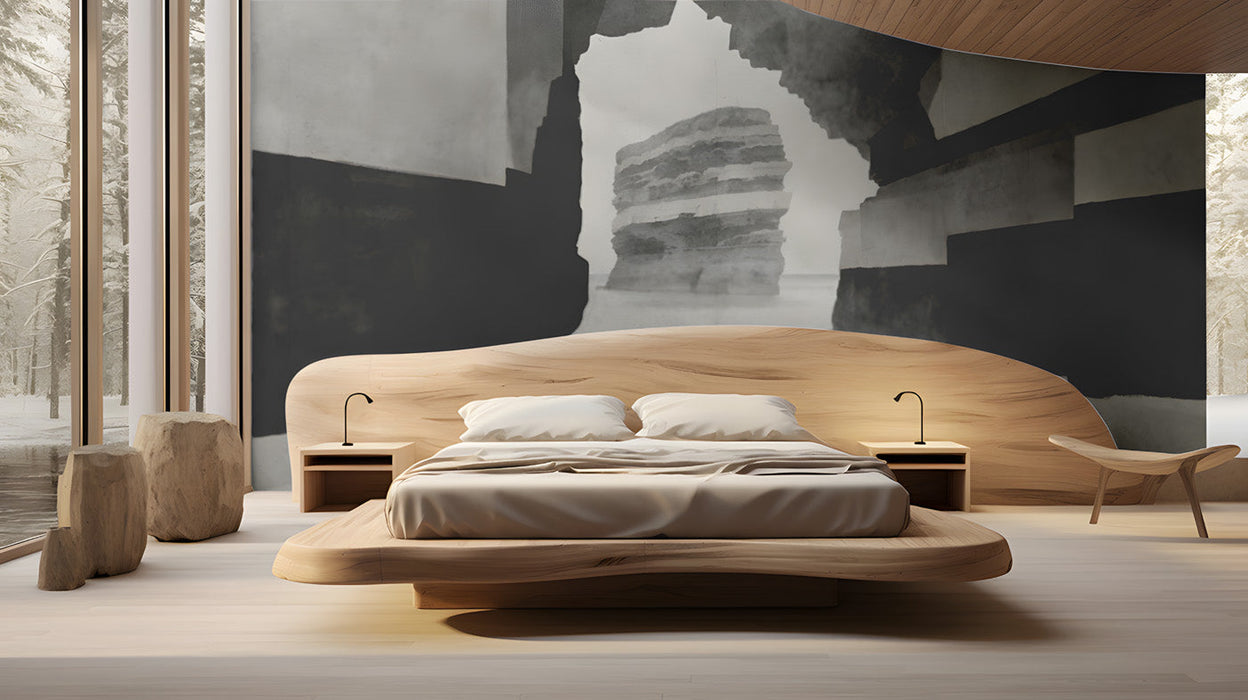 Modern bedroom wall featuring a large-scale monochromatic seascape mural behind a low profile sofa