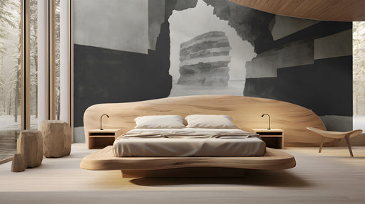 Modern bedroom wall featuring a large-scale monochromatic seascape mural behind a low profile sofa