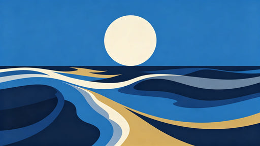 Graphic ocean mural with stylized blue waves, sand ochre accents, and a large off-white moon at night.