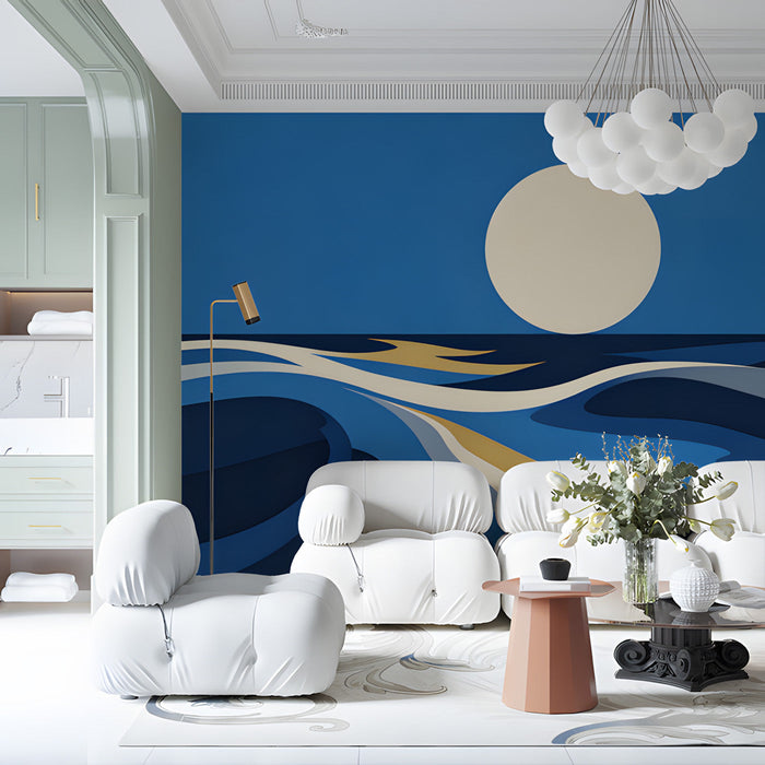 Contemporary commercial space with a minimalist ocean scene wallpaper on the main feature wall.