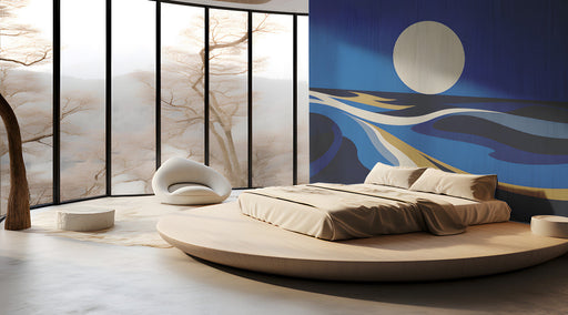 Modern bedroom with a moonlit ocean wall mural above a low-profile gray sofa.