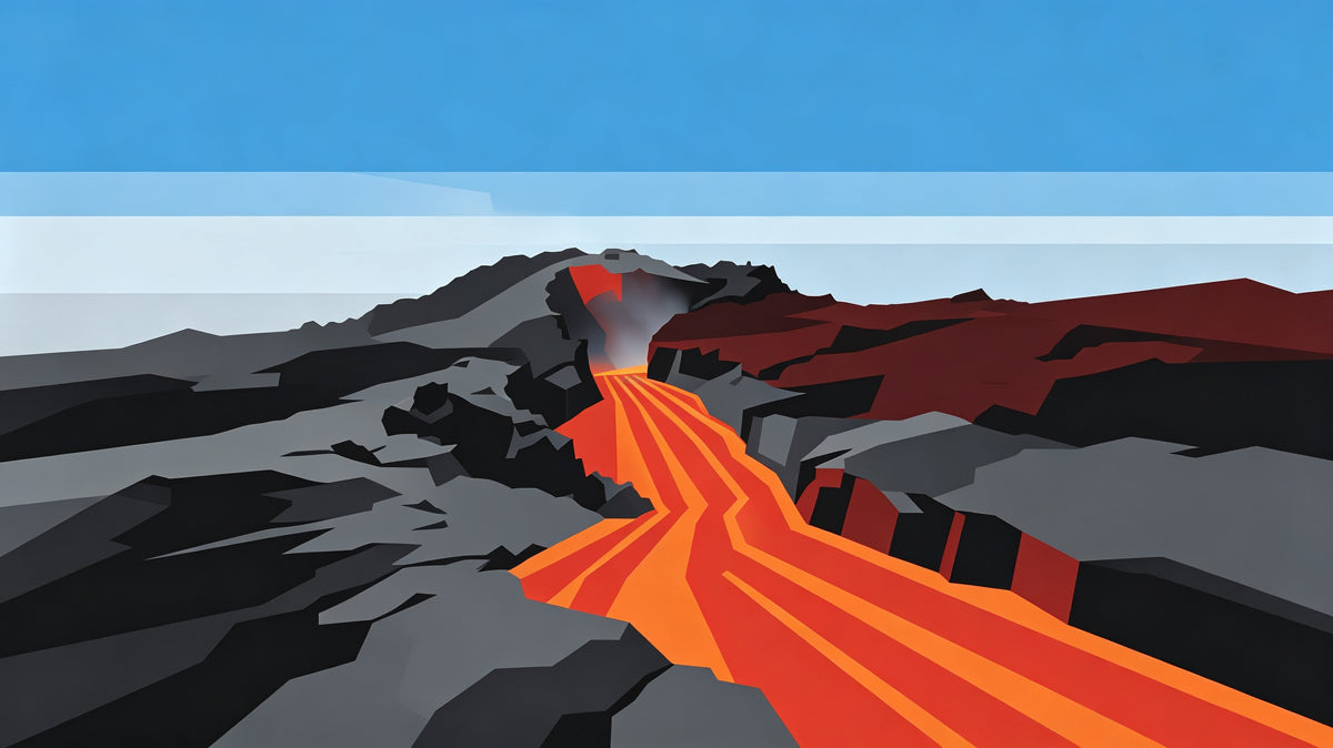 Graphic wall mural of an erupting volcano with a bright lava river flowing through dark charcoal basalt rock formations.