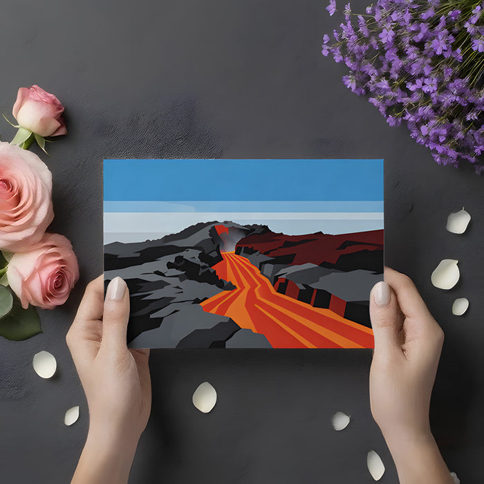 Creative home office with an abstract lava flow mural providing a high-energy backdrop for a wooden desk.
