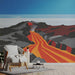 Modern study featuring a striking volcanic mural as an accent wall with minimalist decor.