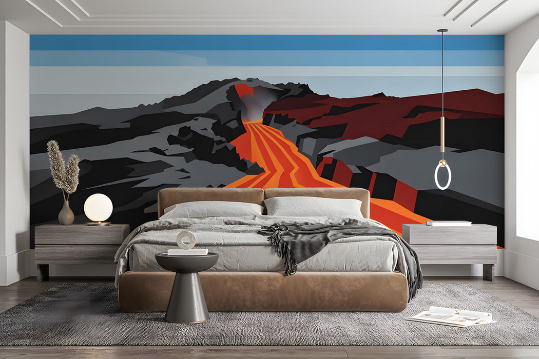 Bedroom interior featuring a bold volcanic landscape wallpaper behind a low-profile charcoal sofa.