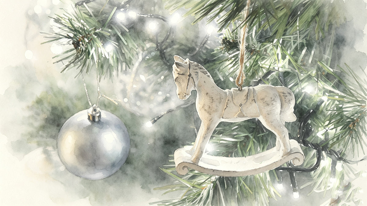 Watercolor style holiday mural with a rocking horse ornament and twinkling lights in pine branches
