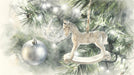 Watercolor style holiday mural with a rocking horse ornament and twinkling lights in pine branches