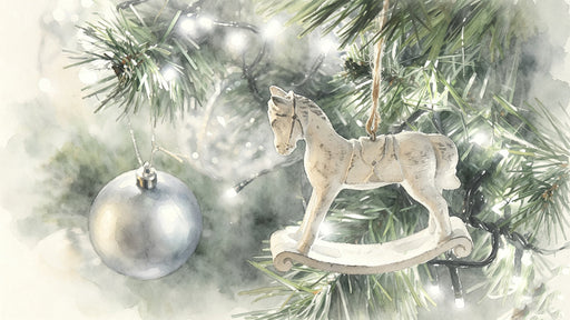 Watercolor style holiday mural with a rocking horse ornament and twinkling lights in pine branches