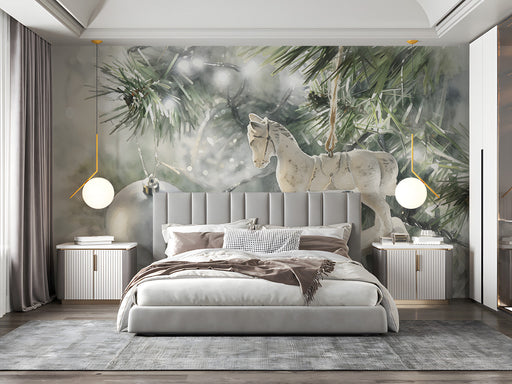 Nostalgic Christmas themed bedroom wall with rocking horse mural