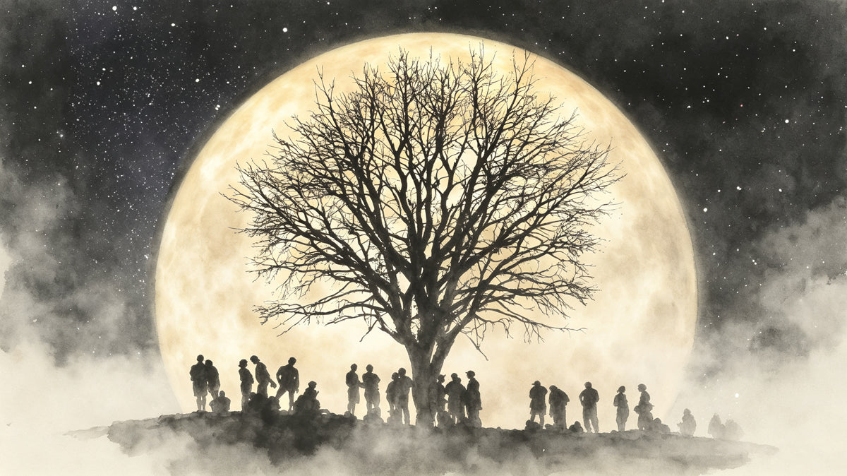 A full moon behind a silhouetted bare tree and a group of figures, painted in dark gray and warm ochre tones.