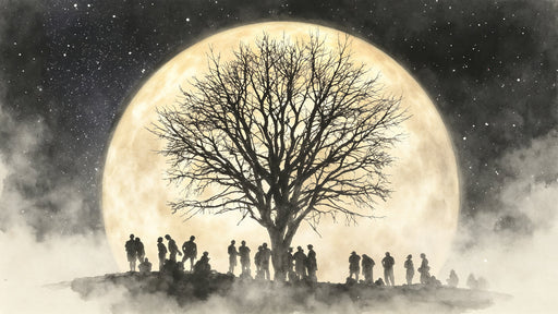 A full moon behind a silhouetted bare tree and a group of figures, painted in dark gray and warm ochre tones.