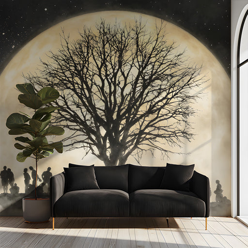 A cozy library entryway with a cinematic moon and tree wall mural creating a calm, reflective environment.