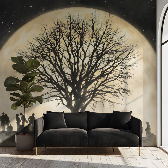 A cozy library entryway with a cinematic moon and tree wall mural creating a calm, reflective environment.