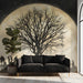 A cozy library entryway with a cinematic moon and tree wall mural creating a calm, reflective environment.