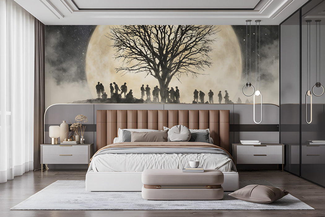 A moody bedroom featuring a large moon silhouette mural on the wall above a dark wooden bed frame.