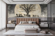 A moody bedroom featuring a large moon silhouette mural on the wall above a dark wooden bed frame.